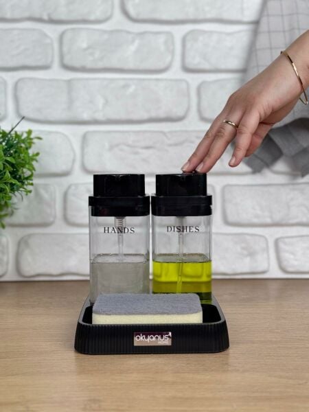 Okyanus Home Siyah Deluxe Kare Standlı Şeffaf Sıvı Sabunluk ve Deterjanlık
