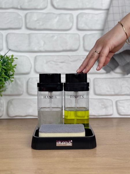 Okyanus Home Siyah Deluxe Kare Standlı Şeffaf Sıvı Sabunluk ve Deterjanlık