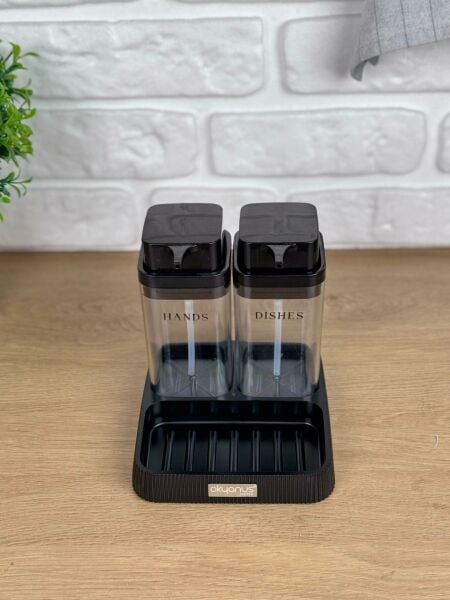 Okyanus Home Siyah Deluxe Kare Standlı Şeffaf Sıvı Sabunluk ve Deterjanlık