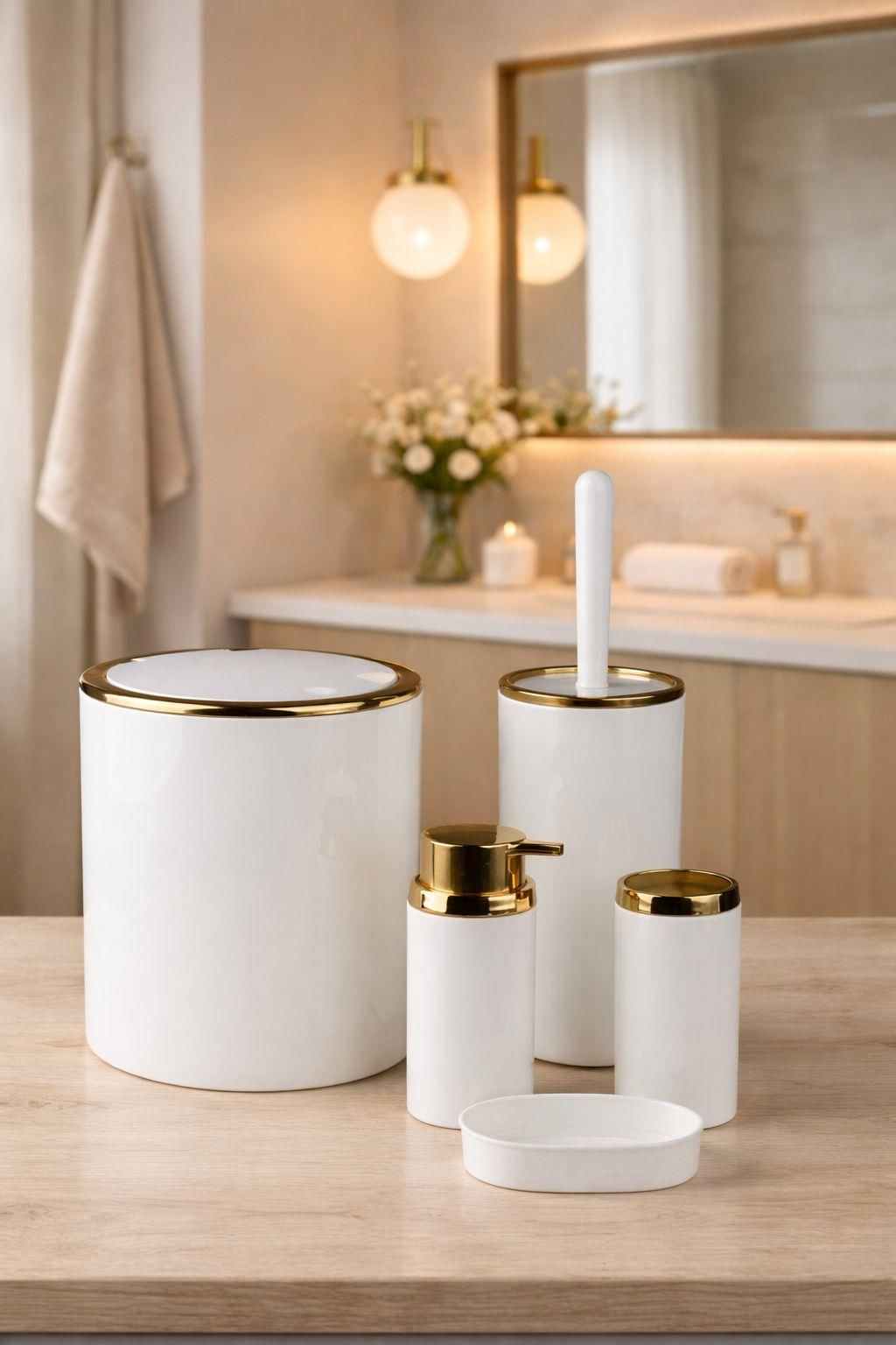 Okyanus Home Gold Serisi Beyaz Yuvarlak 5'li Banyo Seti