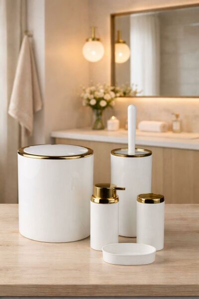 Okyanus Home Gold Serisi Beyaz Yuvarlak 5'li Banyo Seti