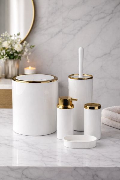 Okyanus Home Gold Serisi Beyaz Yuvarlak 5'li Banyo Seti