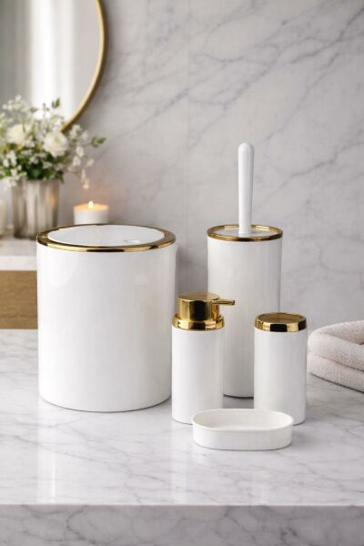 Okyanus Home Gold Serisi Beyaz Yuvarlak 5'li Banyo Seti