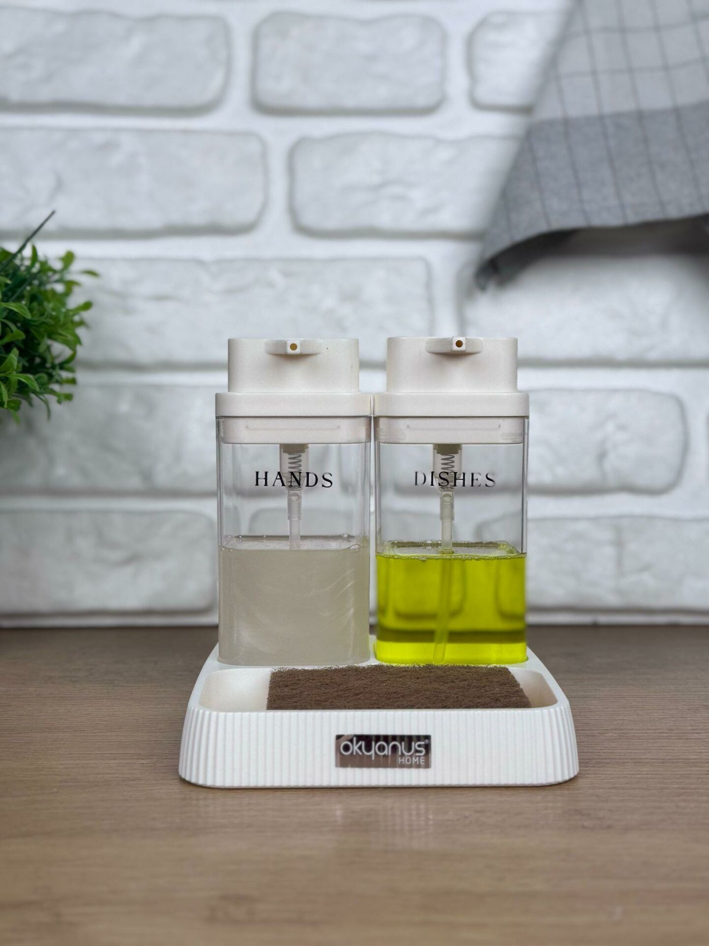 Okyanus Home Beyaz Deluxe Kare Standlı Şeffaf Sıvı Sabunluk ve Deterjanlık