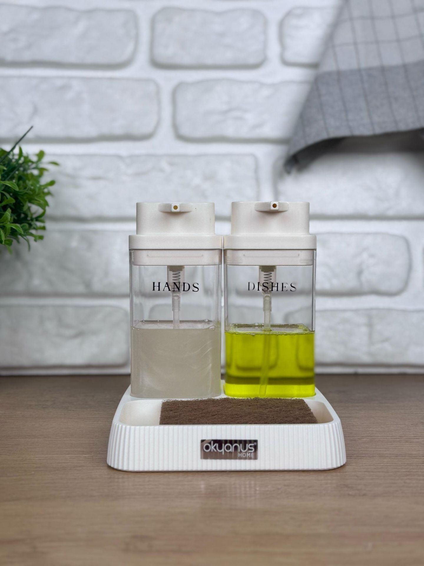 Okyanus Home Beyaz Deluxe Kare Standlı Şeffaf Sıvı Sabunluk ve Deterjanlık