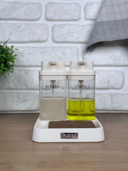 Okyanus Home Beyaz Deluxe Kare Standlı Şeffaf Sıvı Sabunluk ve Deterjanlık