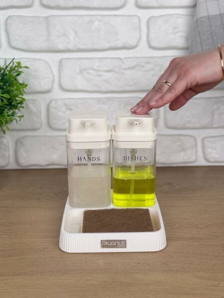 Okyanus Home Beyaz Deluxe Kare Standlı Şeffaf Sıvı Sabunluk ve Deterjanlık