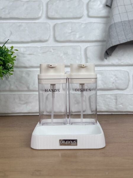 Okyanus Home Beyaz Deluxe Kare Standlı Şeffaf Sıvı Sabunluk ve Deterjanlık