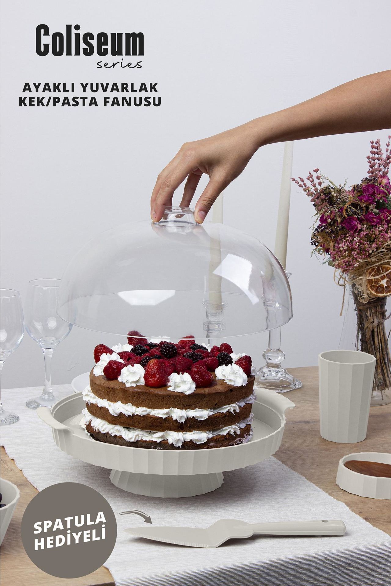 Okyanus Home Coliseum Ayaklı Beyaz Yuvarlak Kek - Pasta Fanusu
