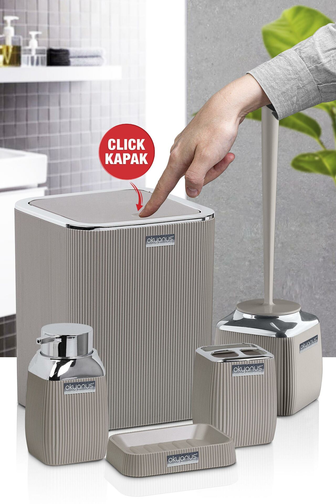 Okyanus Home Vizon Rengi Çizgili Krom 5'li Banyo Seti