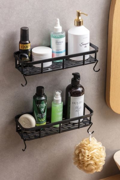 Okyanus Home Magıc Yapışkanlı Plastik Banyo Rafı 2'li Siyah