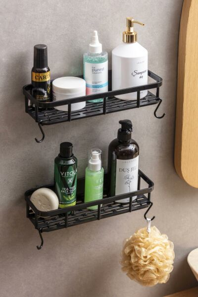 Okyanus Home Magıc Yapışkanlı Plastik Banyo Rafı 2'li Siyah