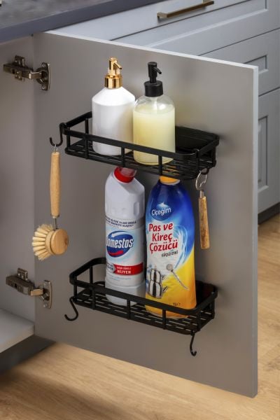 Okyanus Home Magıc Yapışkanlı Plastik Banyo Rafı 2'li Siyah