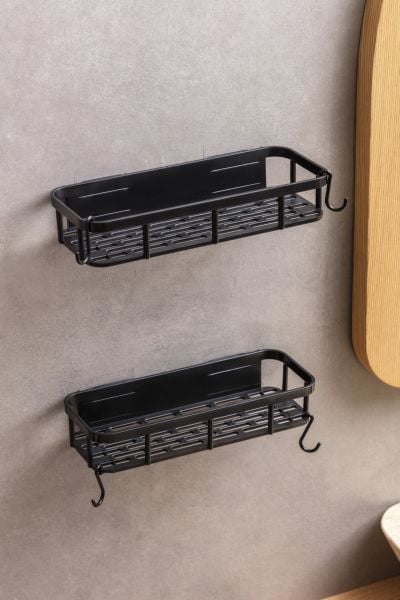 Okyanus Home Magıc Yapışkanlı Plastik Banyo Rafı 2'li Siyah