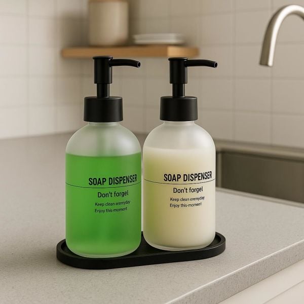 Okyanus Home Bambu Standlı İkili Siyah Kumlu Cam Sıvı Sabunluk 500ml