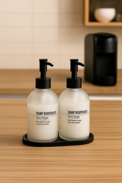Okyanus Home Bambu Standlı İkili Siyah Kumlu Cam Sıvı Sabunluk 500ml
