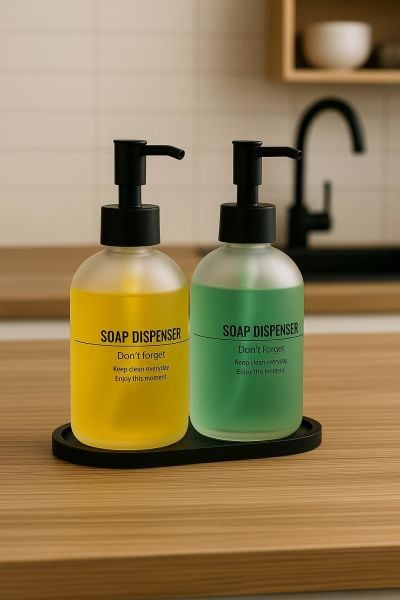 Okyanus Home Bambu Standlı İkili Siyah Kumlu Cam Sıvı Sabunluk 500ml