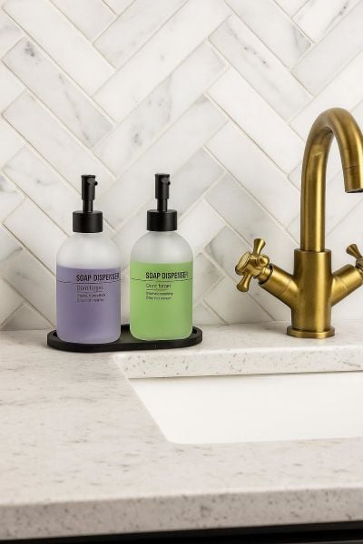 Okyanus Home Bambu Standlı İkili Siyah Kumlu Cam Sıvı Sabunluk 500ml