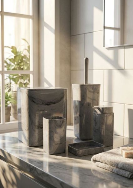 Okyanus Home Kare Mermer Desenli 5'li Banyo Seti