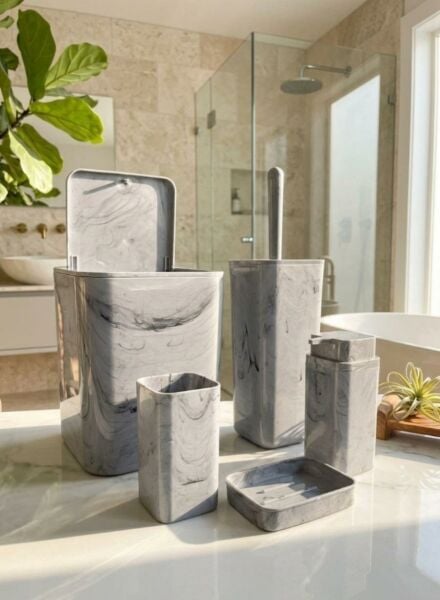 Okyanus Home Kare Mermer Desenli 5'li Banyo Seti