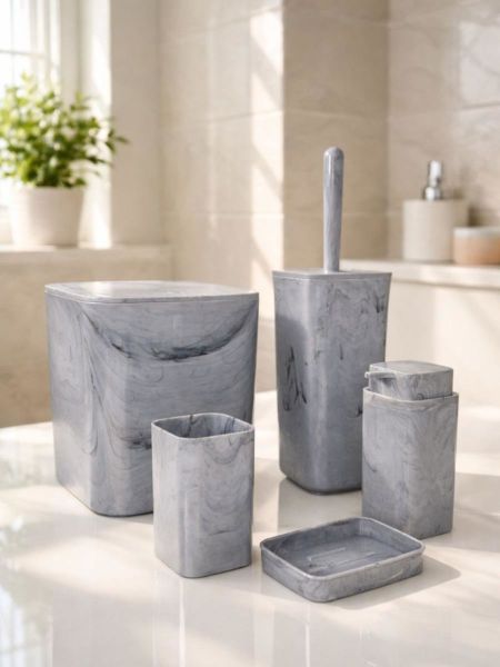Okyanus Home Kare Mermer Desenli 5'li Banyo Seti