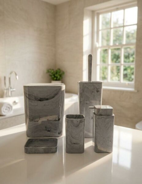 Okyanus Home Kare Mermer Desenli 5'li Banyo Seti