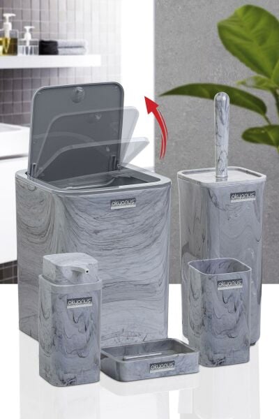 Okyanus Home Kare Mermer Desenli 5'li Banyo Seti