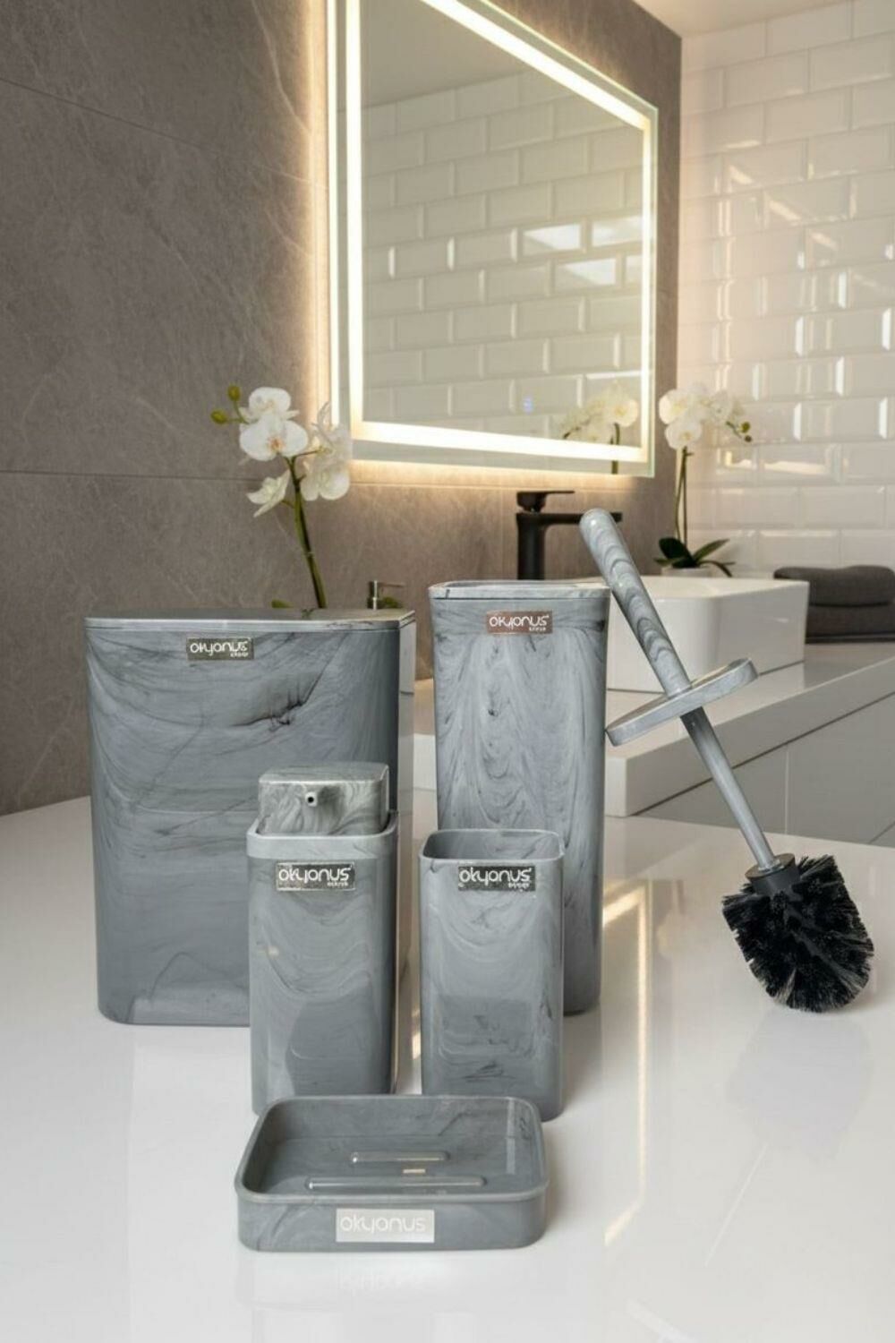 Okyanus Home Kare Mermer Desenli 5'li Banyo Seti