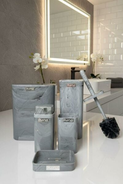Okyanus Home Kare Mermer Desenli 5'li Banyo Seti