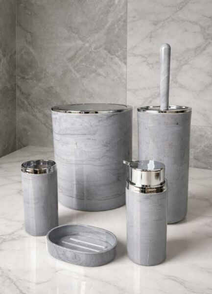 Okyanus Home Kromlu Yuvarlak Mermer Desenli 5'li Banyo Seti