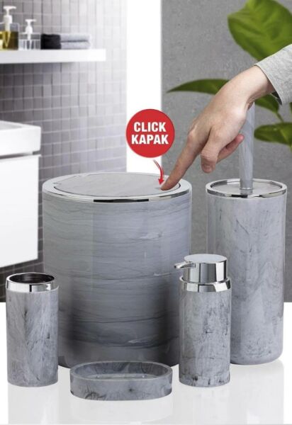 Okyanus Home Kromlu Yuvarlak Mermer Desenli 5'li Banyo Seti