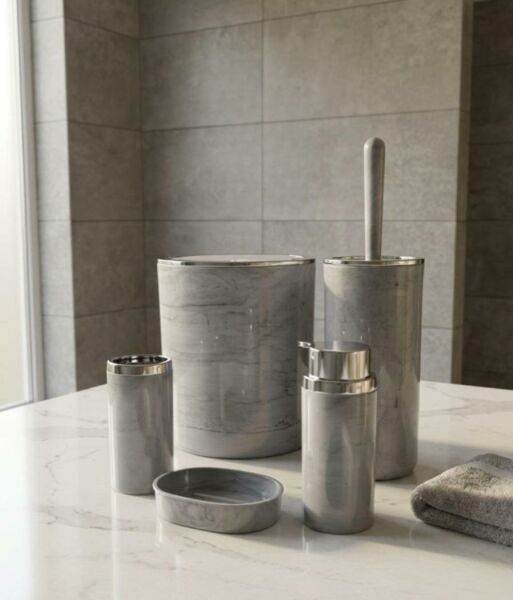 Okyanus Home Kromlu Yuvarlak Mermer Desenli 5'li Banyo Seti