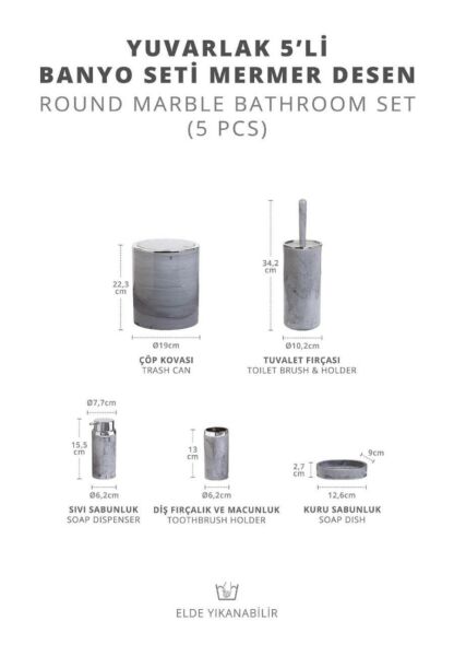 Okyanus Home Kromlu Yuvarlak Mermer Desenli 5'li Banyo Seti