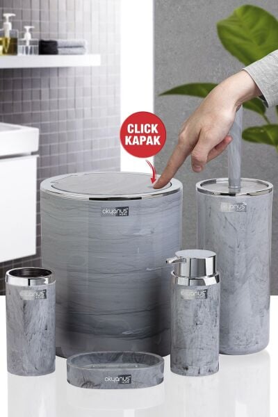 Okyanus Home Kromlu Yuvarlak Mermer Desenli 5'li Banyo Seti