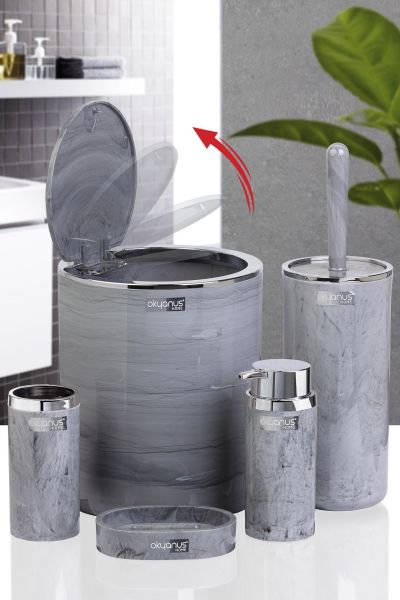 Okyanus Home Kromlu Yuvarlak Mermer Desenli 5'li Banyo Seti