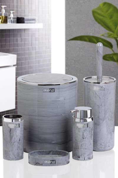 Okyanus Home Kromlu Yuvarlak Mermer Desenli 5'li Banyo Seti