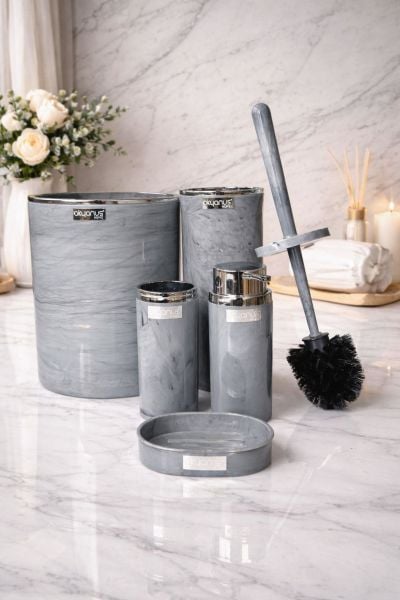 Okyanus Home Kromlu Yuvarlak Mermer Desenli 5'li Banyo Seti