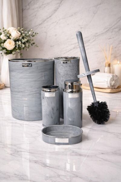 Okyanus Home Kromlu Yuvarlak Mermer Desenli 5'li Banyo Seti