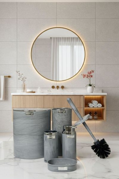 Okyanus Home Kromlu Yuvarlak Mermer Desenli 5'li Banyo Seti