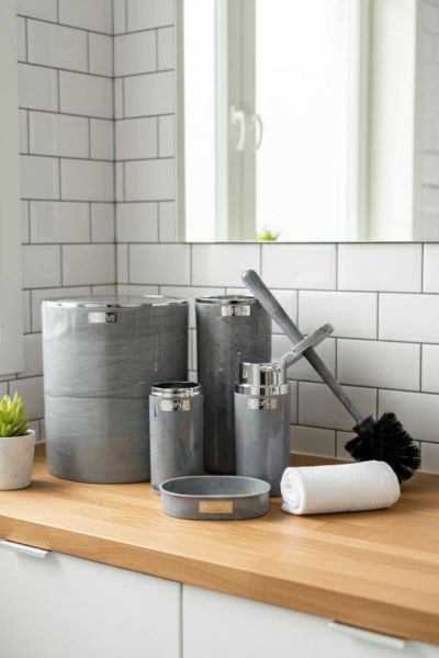 Okyanus Home Kromlu Yuvarlak Mermer Desenli 5'li Banyo Seti