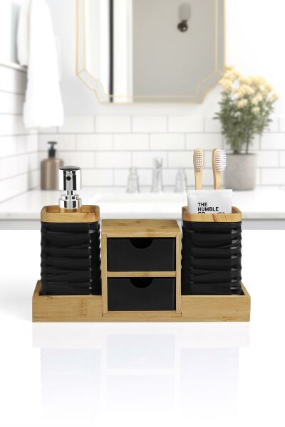 Okyanus Home Siyah Bambu Çekmeceli Sıvı Sabunluk Ve Diş Fırçalıklı Banyo Organizeri