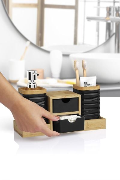 Okyanus Home Siyah Bambu Çekmeceli Sıvı Sabunluk Ve Diş Fırçalıklı Banyo Organizeri