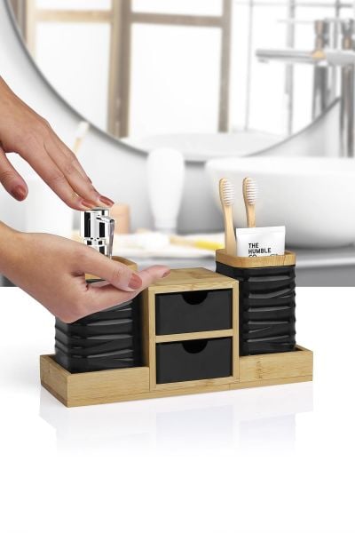 Okyanus Home Siyah Bambu Çekmeceli Sıvı Sabunluk Ve Diş Fırçalıklı Banyo Organizeri