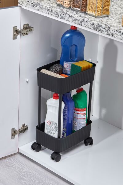 Okyanus Home 2 Katlı Tekerlekli Banyo-Mutfak Düzenleyici Pratik Raf Siyah