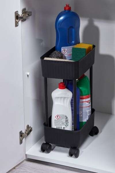 Okyanus Home 2 Katlı Tekerlekli Banyo-Mutfak Düzenleyici Pratik Raf Siyah