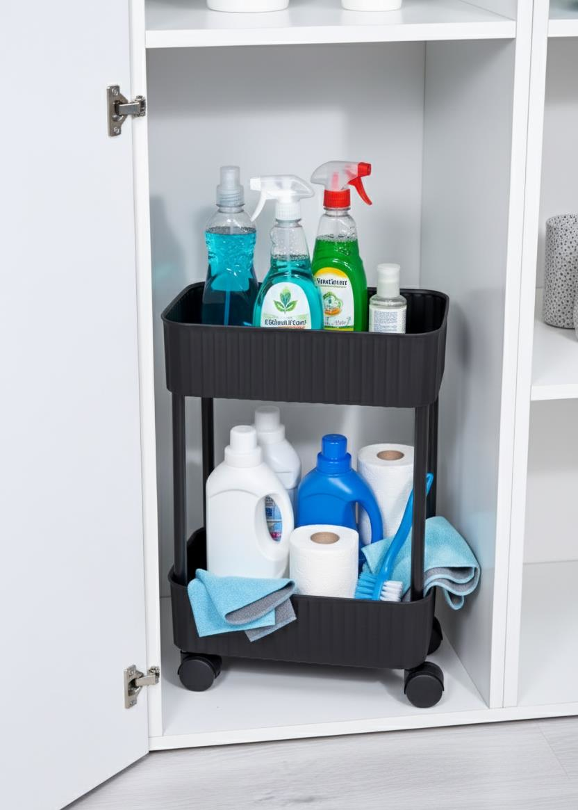 Okyanus Home 2 Katlı Tekerlekli Banyo-Mutfak Düzenleyici Pratik Raf Siyah