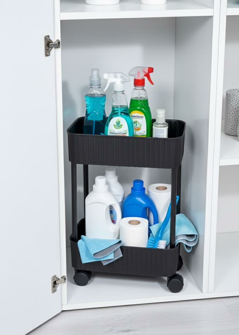 Okyanus Home 2 Katlı Tekerlekli Banyo-Mutfak Düzenleyici Pratik Raf Siyah