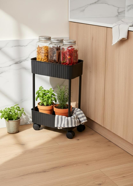 Okyanus Home 2 Katlı Tekerlekli Banyo-Mutfak Düzenleyici Pratik Raf Siyah