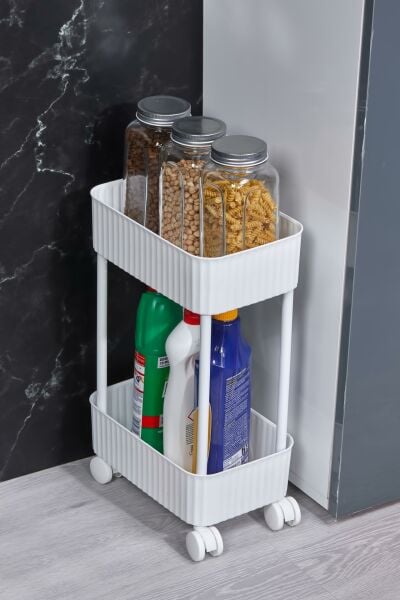 Okyanus Home 2 Katlı Tekerlekli Banyo-Mutfak Düzenleyici Pratik Raf Beyaz