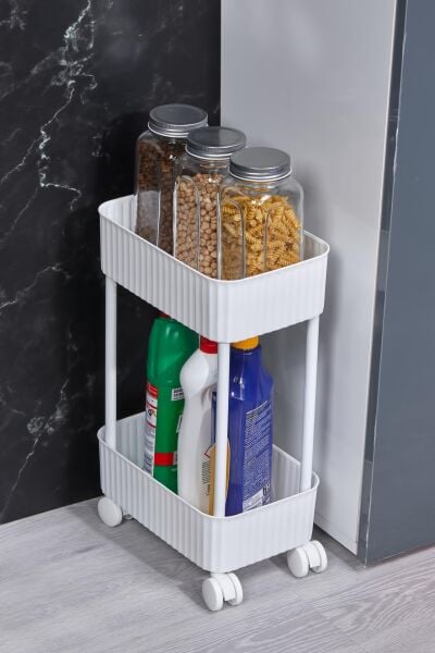Okyanus Home 2 Katlı Tekerlekli Banyo-Mutfak Düzenleyici Pratik Raf Beyaz